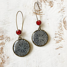 Load image into Gallery viewer, Hoop Earrings  with ceramic bead - Hand Carved Block, Detail
