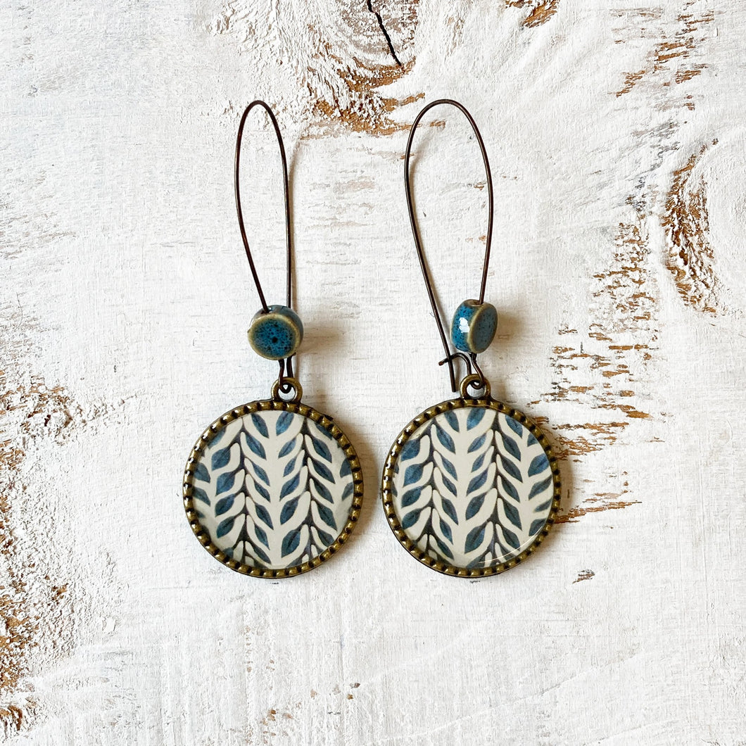 Hoop Earrings  with ceramic bead - Blue Vines - Batik On Silk