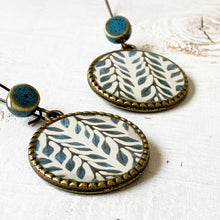Load image into Gallery viewer, Hoop Earrings  with ceramic bead - Blue Vines - Batik On Silk
