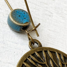 Load image into Gallery viewer, Hoop Earrings  with ceramic bead - Blue Vines - Batik On Silk
