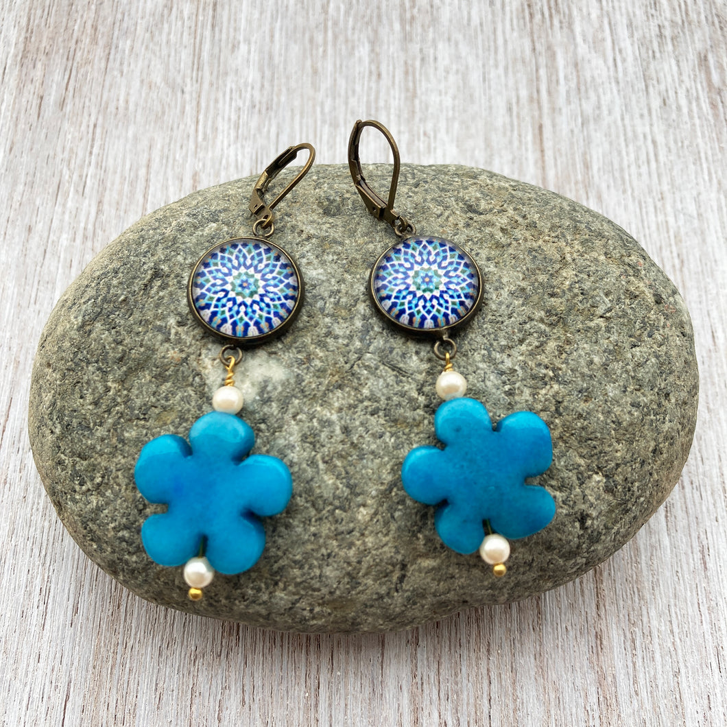 Hanging Earrings with Flowery Beads - Islamic Pattern