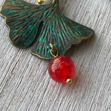 Load image into Gallery viewer, Earrings - Gingko Leaf - Dragons Blood Stone And Pearls
