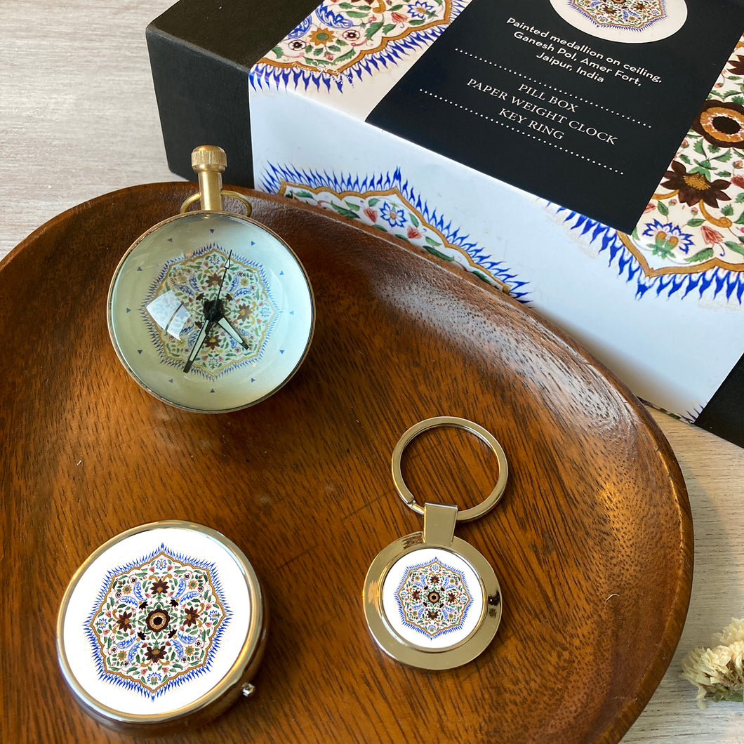 Gift Set  -  Pill Box, Paper Weight Clock, Key Ring,  Painted Medallion, Amer Fort, Jaipur