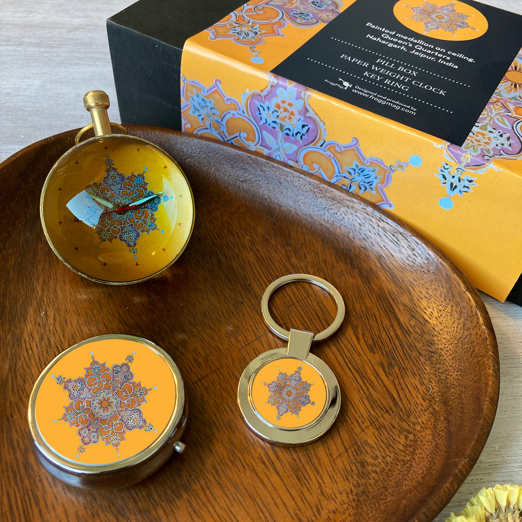 Gift Set  - Pill Box, Paper Weight Clock, Key Ring,  Painted Medallion, Nahargarh, Jaipur