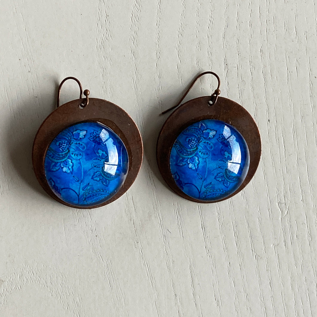 Round Copper Earrings with Glass - Mughal Flowers